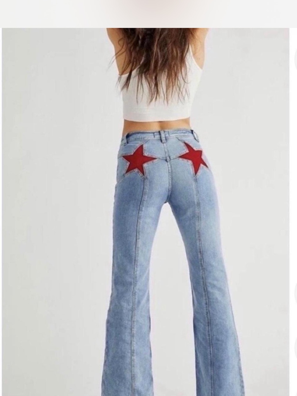 We The Free Light Blue Flare Jeans with Red Star Back Patches